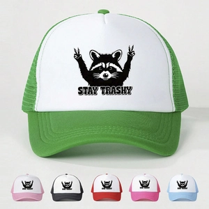 Raccoon Stay Trashy Print Trucker Hat Mesh Baseball Cap Adjustable Breathable Sun Protection Outdoor Casual Streetwear