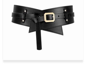 Detail view of black PU leather corset belt with gold square buckle and rivet accents