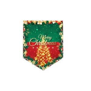 Close-up of Christmas bunting flag with golden tree and Merry Christmas text decor