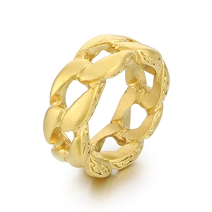 Gold titanium steel Cuban chain ring with vintage floral engraving for men