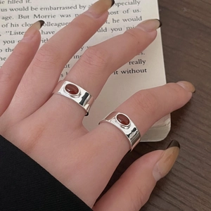 925 Sterling Silver Ring With Red Agate Oval Geometric Minimalist Retro Fashion Jewelry For Women Elegant Ins Style