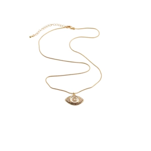 Macro detail of gold evil eye pendant necklace with colorful micro-inlaid cubic zirconia