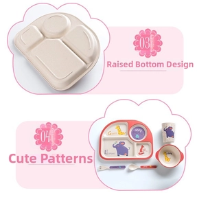 Close-up of bamboo fiber kids tableware set featuring colorful animal patterns and raised base