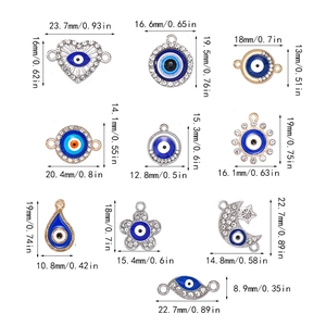 Blue Evil Eye jewelry charms collection in heart and moon shapes with size dimensions