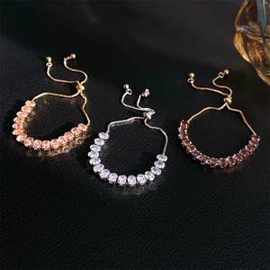Detailed view of adjustable zircon bracelets in rose gold, silver, and gold finishes