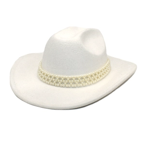 Western Cowboy Hat Wide Brim Felt Fedora With Artificial Pearl Beaded Band Retro Jazz Style Elegant Winter Hat For Women