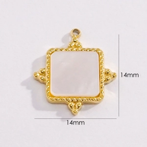 Macro detail of 14x14mm square shell inlay pendant with gold textured bezel