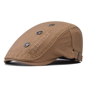 Brown cotton canvas flat cap with Freestyle embroidery and metal fashion buckles