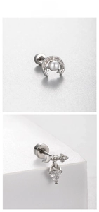 Détails de boucles d'oreilles en acier titane avec lune en perle et motifs cœur en zircon
