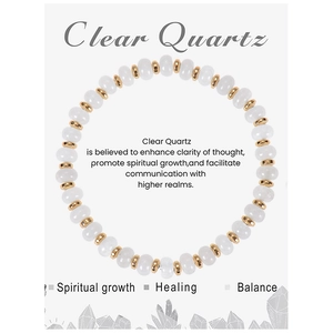 Detailed view of Clear Quartz bead bracelet with gold spacers and healing properties card