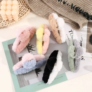 Multi-color plush faux fur hair claw clips set for women in various pastel colorways