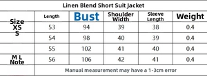 Detailed size chart for linen blend double-breasted cropped blazer showing measurements