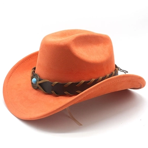 Detail of orange suede cowboy hat with braided leather band and turquoise stone accent