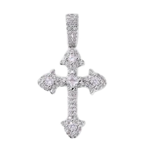 Macro detail of iced-out silver cross pendant featuring full white cubic zirconia inlay