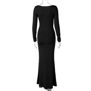Rear view of floor-length black slim fit dress showing the elegant fishtail cut and silhouette