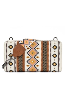 Detail of bohemian canvas clutch featuring geometric patterns and detachable woven strap