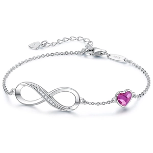 Detailed view of silver infinity bracelet with pink heart gemstone and S925 hallmark