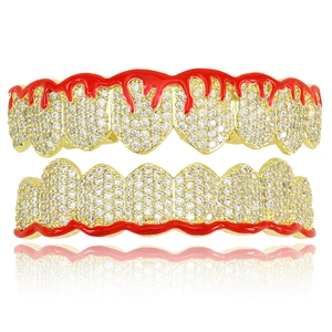 Hip Hop Copper Teeth Grillz Set With Sparkling Zirconia Red Enamel Flame Drip Pattern Electroplated Vampire Teeth For Halloween Party Jewelry
