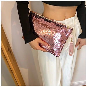 Women Sequin Clutch Bag Glitter Evening Pouch With Wristlet Strap For Party Wedding Sparkling Mini Makeup Purse
