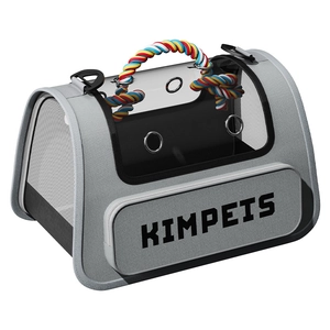 Grey pet carrier bag with large transparent window and colorful braided handle