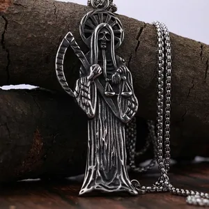 Collier Pendentif Santa Muerte Faucheuse Acier Inoxydable Gothique Punk Biker Faux Balance Bijoux Rétro Hommes Femmes