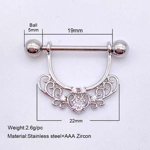 Stainless steel nipple ring with AAA zircon showing detailed size measurements and weight