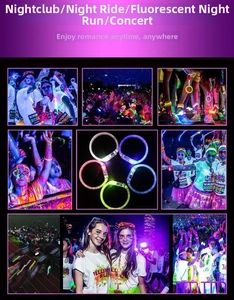 Detailed close-up showing multicolored LED glow bracelets in pink, blue, green, and red