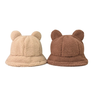 Plush teddy fleece bucket hat with cute bear ears in beige and brown colors