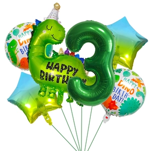 Green dinosaur birthday balloon set with number 3 and happy birthday themed foil balloons