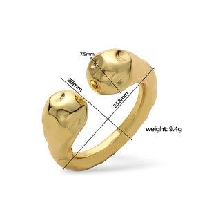 Irregular textured gold open ring with lava fluid style design and dimensional specs