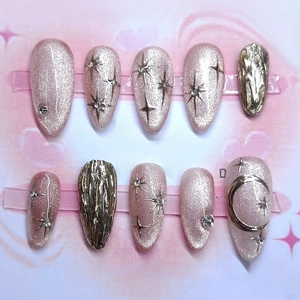 Handmade Press On Nails Cat Eye Effect With 3D Gold Gilding Rhinestone Star Moon Long Almond Shape Luxury French Style