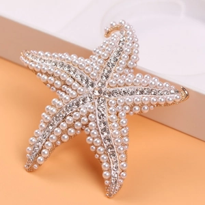 Vintage Starfish Brooch Pin For Women With Alloy Metal Rhinestones And Faux Artificial Pearls Elegant Clothing Accessories