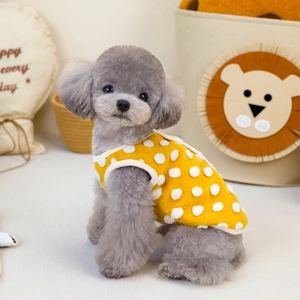 Close-up of yellow pet vest with white 3D polka dots on a small poodle dog