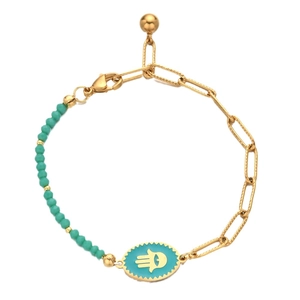 Golden paperclip chain bracelet with turquoise beads and Hamsa Hand evil eye charm