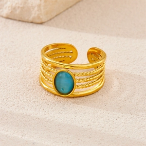 Macro view of vintage 18k gold plated stainless steel ring with blue oval gemstone detail