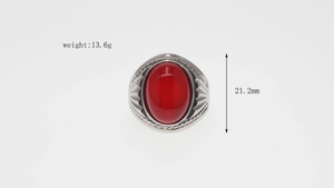 Detailed size and weight view of retro stainless steel ring with oval red gemstone