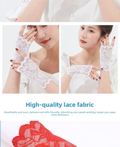 Detailed view of floral lace texture on fingerless summer sun protection gloves