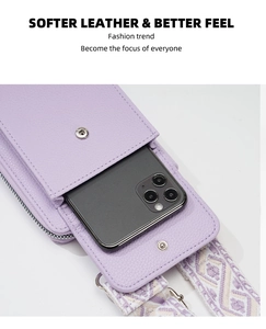 Detail of lavender purple leather phone bag featuring a woven strap and snap closure