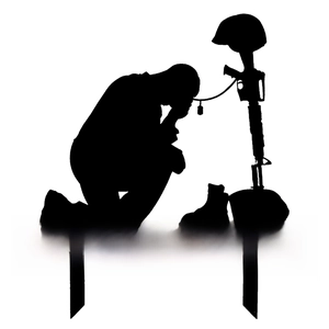 Detail of metal soldier memorial stake with Always Remember silhouette for garden decor