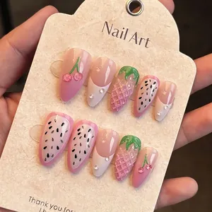 Press On Nails With 3D Strawberry Fruit Flowers Artificial Pearl Glossy Artificial Nail Tips Sweet Ins Style For Women