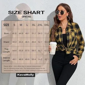 Size chart in inches for women's long flannel plaid shirt showing S to 3XL measurements