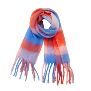 Detail of soft loop yarn plaid scarf featuring orange and blue gradient knit with tassels