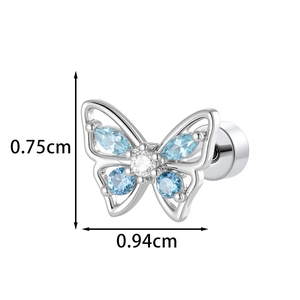Silver butterfly cartilage piercing stud with blue and clear micro-pave zircons 0.94cm