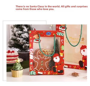 Close-up of festive Christmas gift bags with Santa and snowman patterns in a holiday setting
