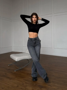 Jean Droit Femme 100% Coton Denim Délavé Distressed Rétro Couleur Unie Pantalon Décontracté Streetwear Gris Foncé