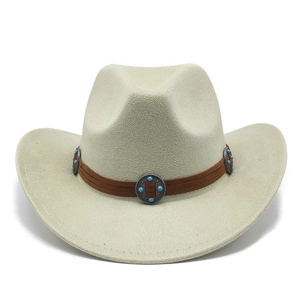 Detail of suede cowboy hat featuring brown band with turquoise and metal ornaments