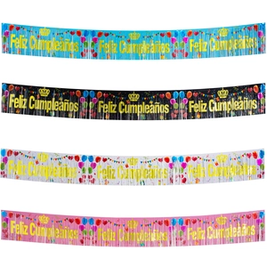 Detail of four colorful fringe foil banners with golden Feliz Cumpleaños text for parties