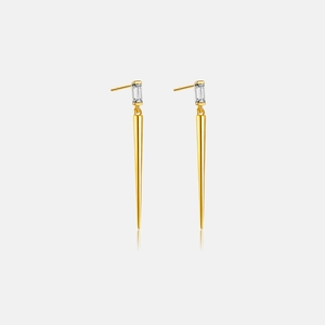 Detailed view of S925 silver gold-plated long cone earrings with rectangular zircon
