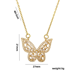 Hollow butterfly pendant necklace in gold with zircon accents and size measurements