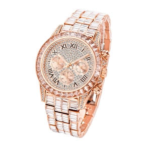 Luxury rose gold quartz watch with rainbow crystals and full diamond pave on the bracelet